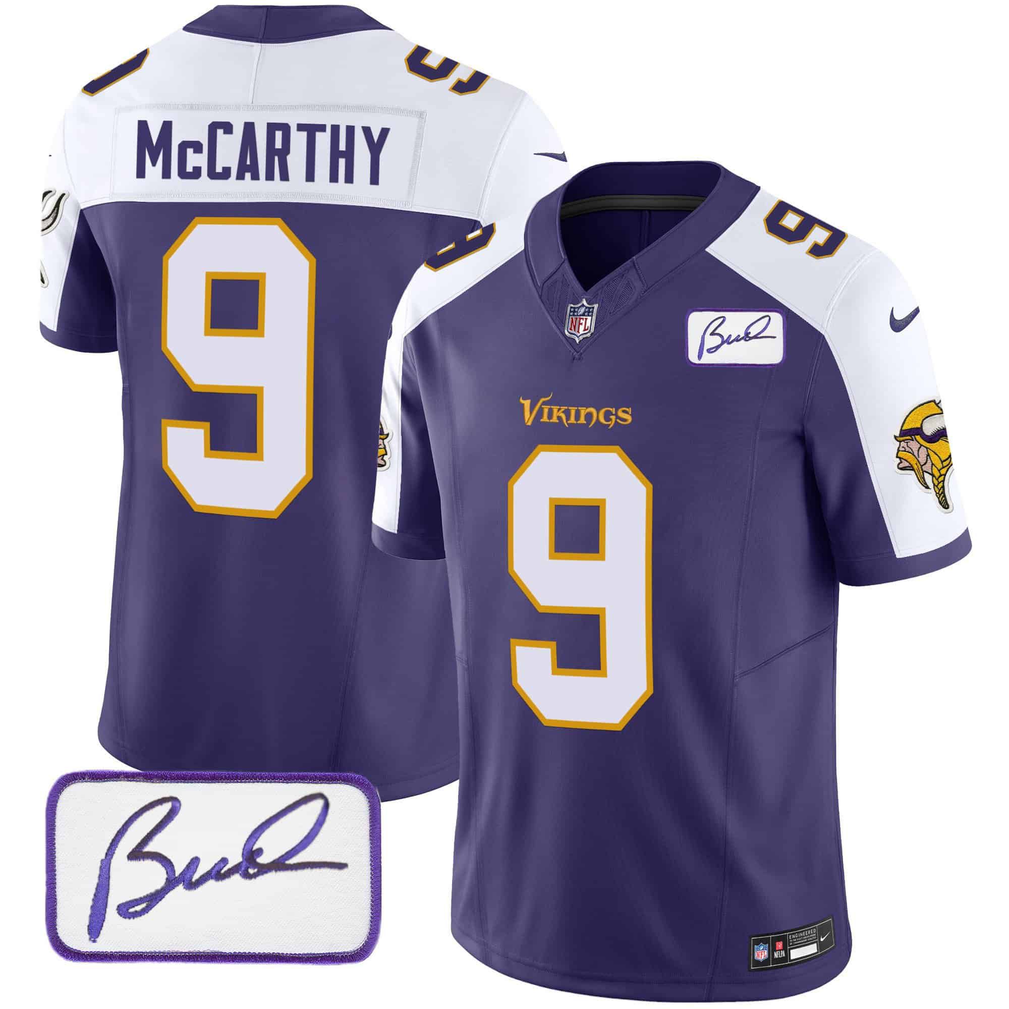 Men Minnesota Vikings 9 Mccarthy Purple 2024 Nike Bud Grant Patch Classic Limited NFL Jersey